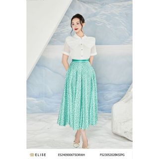 Chân váy lụa chấm bi nền xanh cạp kẻ sọc thiết kế Elise FS2305202BKSIPG
