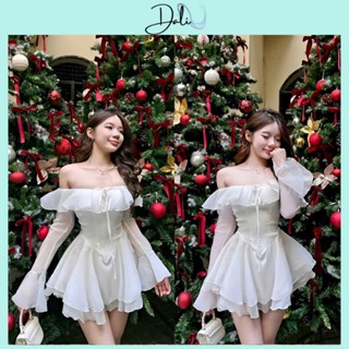 Váy Tơ Bèo Trễ Vai Cup Nguc Tay Loe Dáng Ngắn Xoè 2 Tầng Kèm Quần