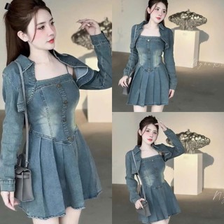  Đầm jeans Quảng Châu dày dặn cao cấp 2 dây đính nút váy ngắn xếp ly trẻ trung   kèm áo khoác ngoài   