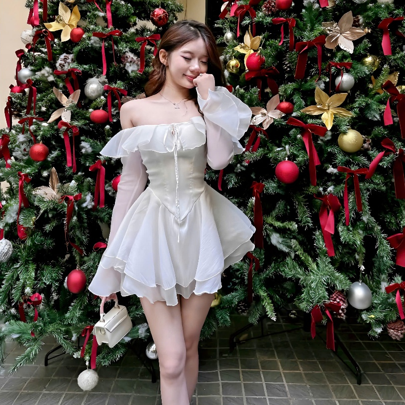 Váy Tơ Bèo Trễ Vai Cup Nguc Tay Loe Dáng Ngắn Xoè 2 Tầng Kèm Quần | BigBuy360 - bigbuy360.vn