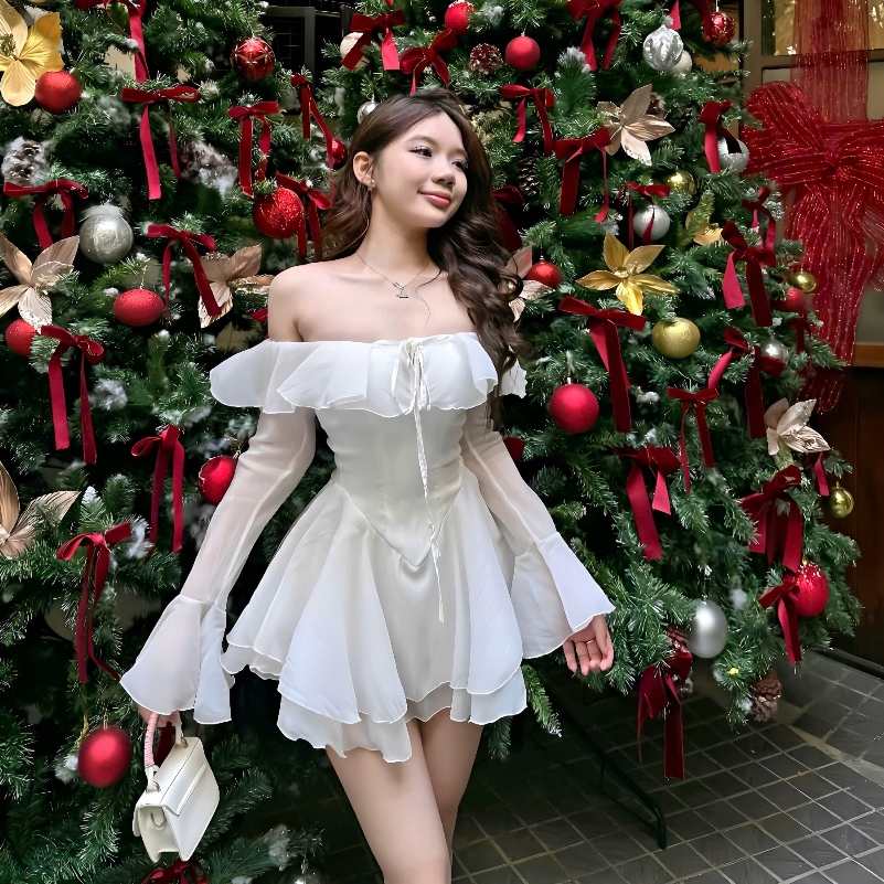 Váy Tơ Bèo Trễ Vai Cup Nguc Tay Loe Dáng Ngắn Xoè 2 Tầng Kèm Quần | BigBuy360 - bigbuy360.vn