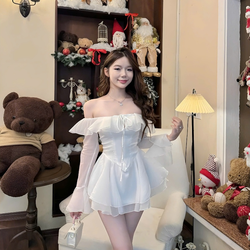 Váy Tơ Bèo Trễ Vai Cup Nguc Tay Loe Dáng Ngắn Xoè 2 Tầng Kèm Quần | BigBuy360 - bigbuy360.vn