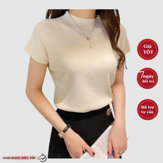 Áo len thun HUNALY kiểu tay hến kiểu cổ lọ 3 phân nữ len lông thỏ siêu mềm mịn dệt kim tay ngắn hàng QC L14 N013 D2T4