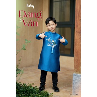 Áo dài cho bé trai ILABY áo dài Đăng Vân tafta lụa cổ tàu thêu hạc có lót habuitai [2753]