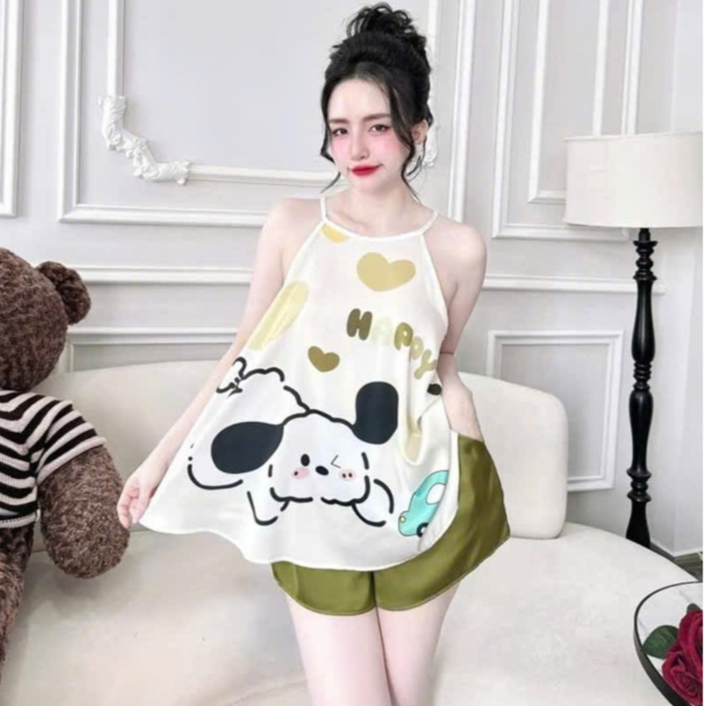 Đồ ngủ sexy 2 dây, bộ ngủ lụa phi, set đồ mặc nhà yếm in họa tiết 3D gợi cảm CARY | BigBuy360 - bigbuy360.vn