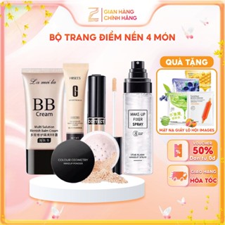  Set trang điểm nền 4 món đầy đủ makeup gồm kem lót kem nền che khuyết điểm và phấn phủ tặng kèm bông mút Zentop 