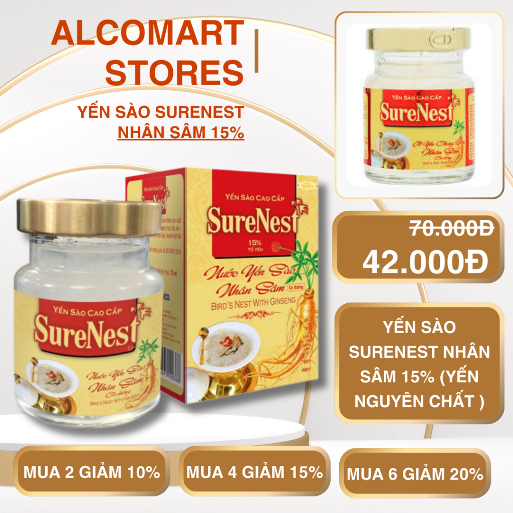 Yến Sào Nguyên Chất NHÂN SÂM 15% SURENEST, 1 Hủ