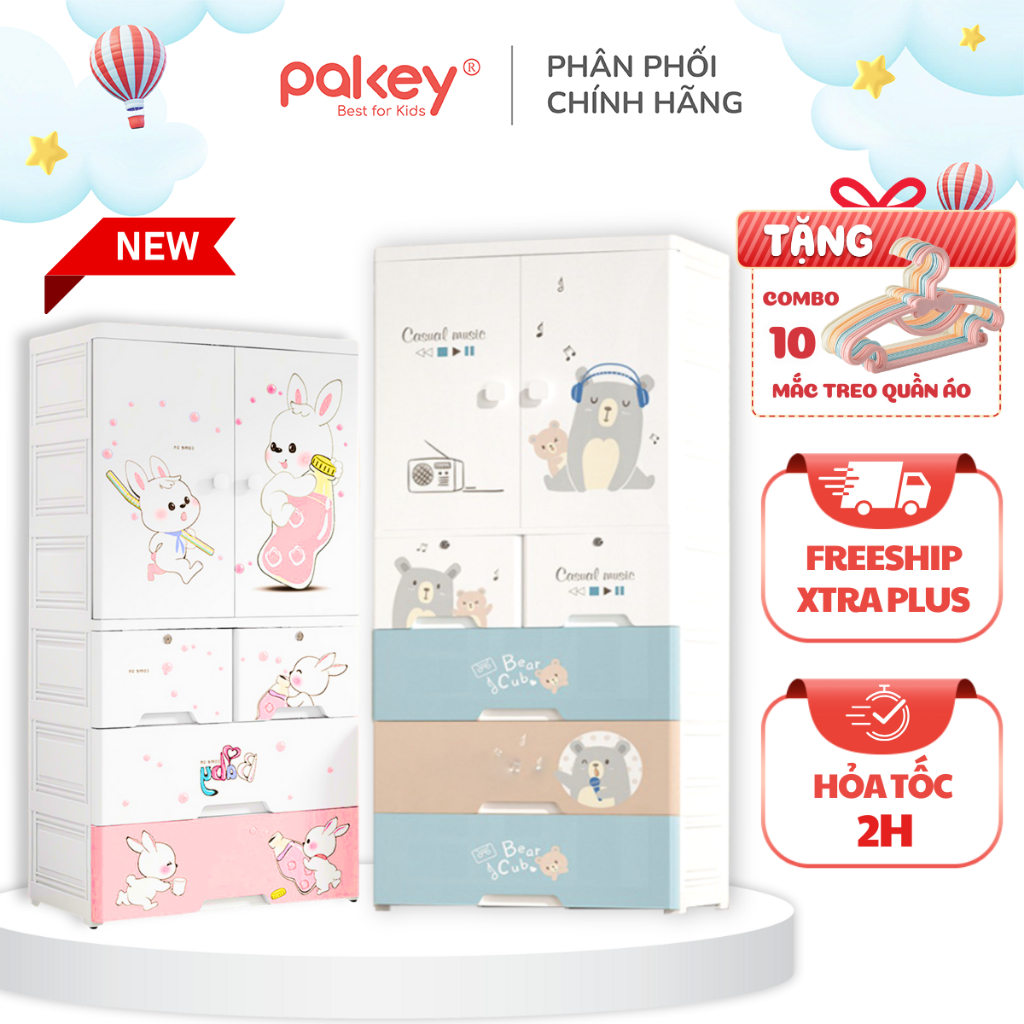 Tủ Để Đồ Có Ngăn Treo Chính Hãng Pakey Cho Bé, Tủ Nhựa Cho Bé Dày Dặn Có Bánh Xe Di Chuyển Tiện Lợi - [Hỏa Tốc Hcm]
