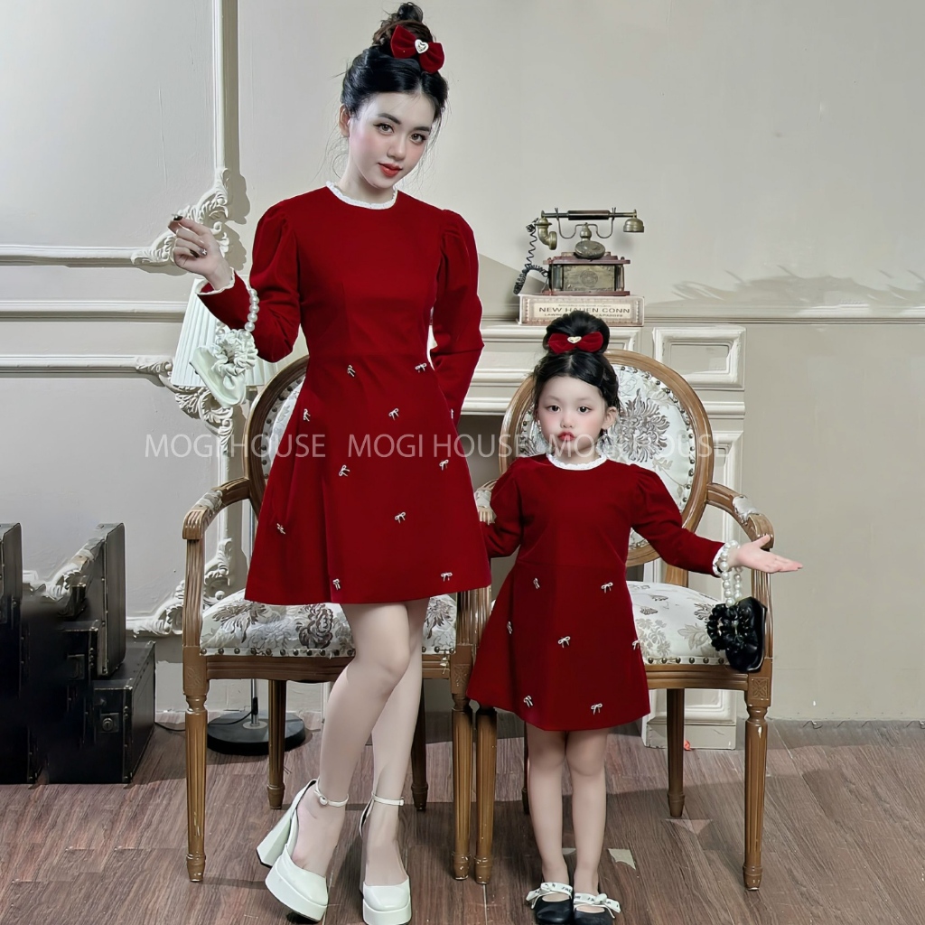 XẢ KHO-[Đầm Dự Tiệc] Set váy đôi mẹ và bé JENNA DRESS đính nơ váy nhung bé gái MOGIHOUSE
