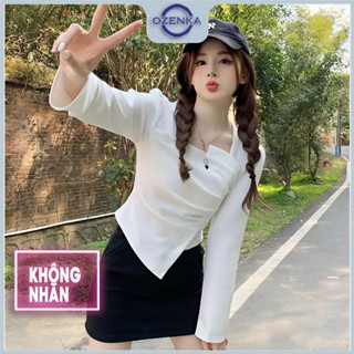  Áo croptop cổ vuông tay dài vạt lệch ly eo đẹp nữ ozenka  áo crt kiểu sành điệu sang chảnh nữ mặc đi học đi chơi 