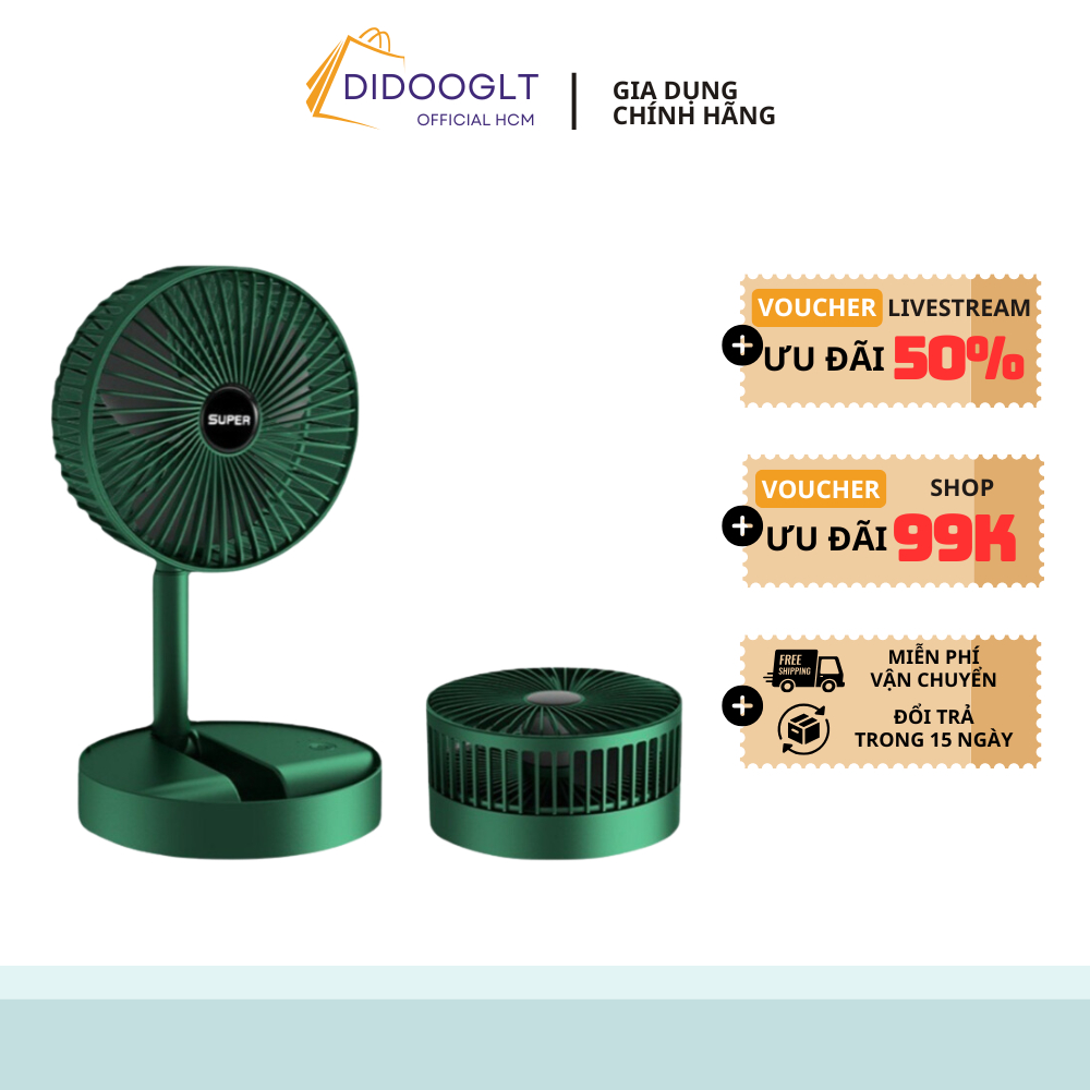 Quạt tích điện để bàn mini Super gấp gọn 3 cấp độ gió siêu bền, cáp sạc USB tiện lợi ( didooglt )