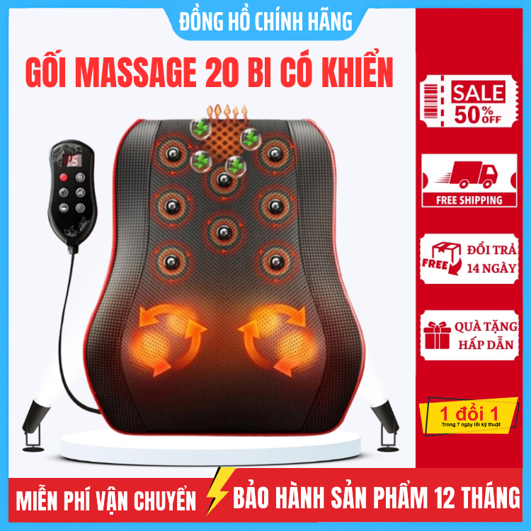 Gối massage cổ vai gáy 20 bi có khiển , Gối massage hồng ngoại đa năng mát xa cổ , lưng và cột sống 