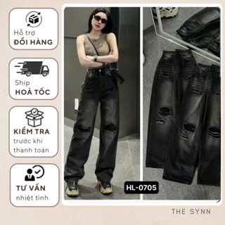 Quần Jean Nữ Unisex Ống Suông, Lưng Cao Phối Rách Tua Màu Đen Thuần Wash - QJ40
