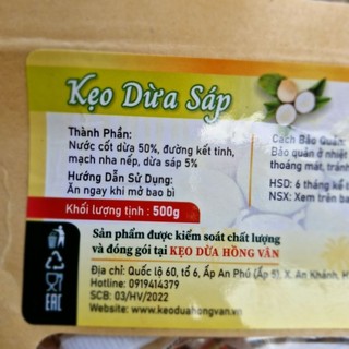 Kẹo dừa sáp nguyên chất Hồng Vân (mẫu mới, túi giấy 500g)