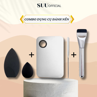 [COMBO] Dụng Cụ Hỗ Trợ Đánh Nền (Khay Que Trộn Kem, Set 2 Mút Tán Nền, Cọ Dẹt Tán Nền)  SUUOFFICIAL