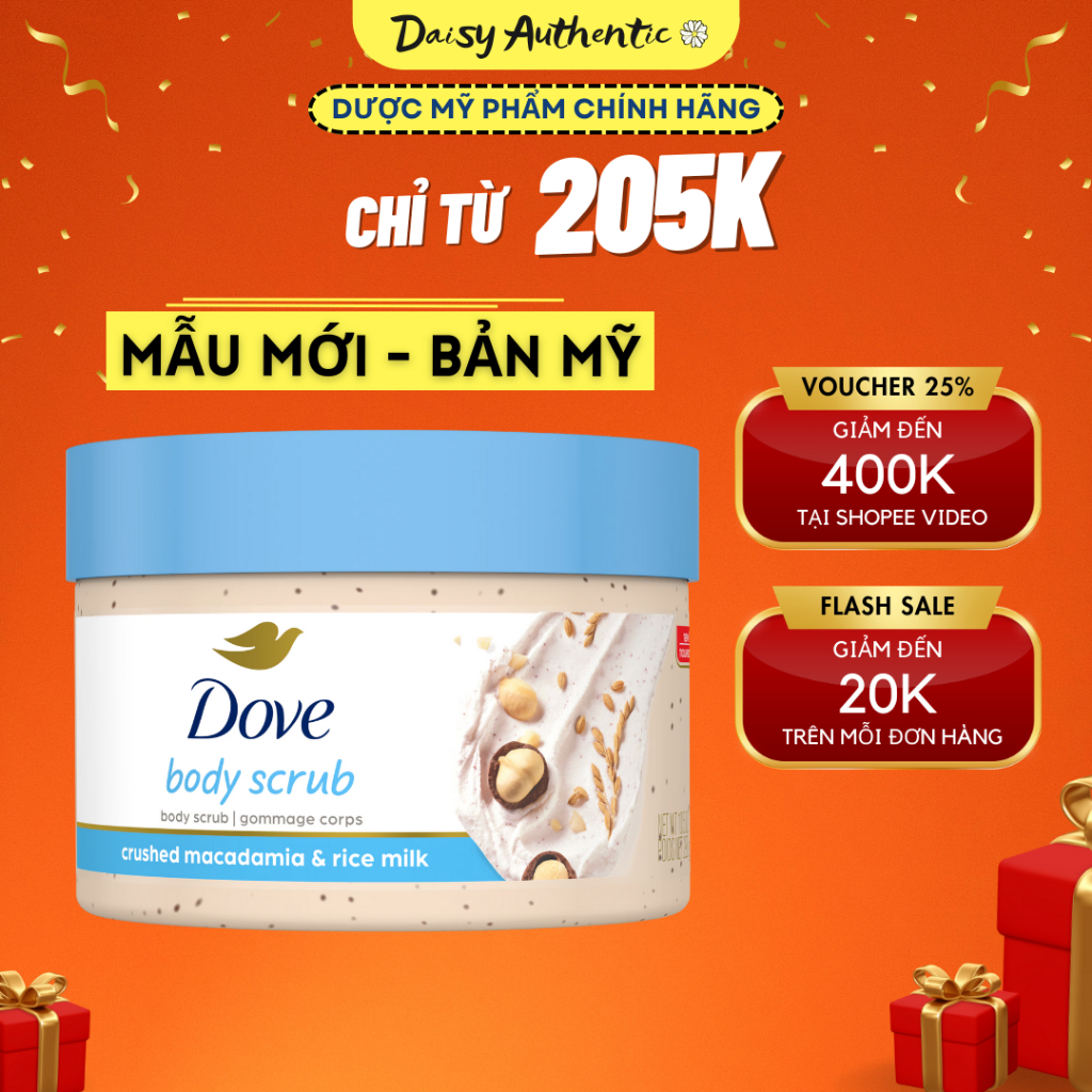 Tẩy Tế Bào Chết Dove Crushed Macadamia & Rice Milk - Dưỡng da toàn thân