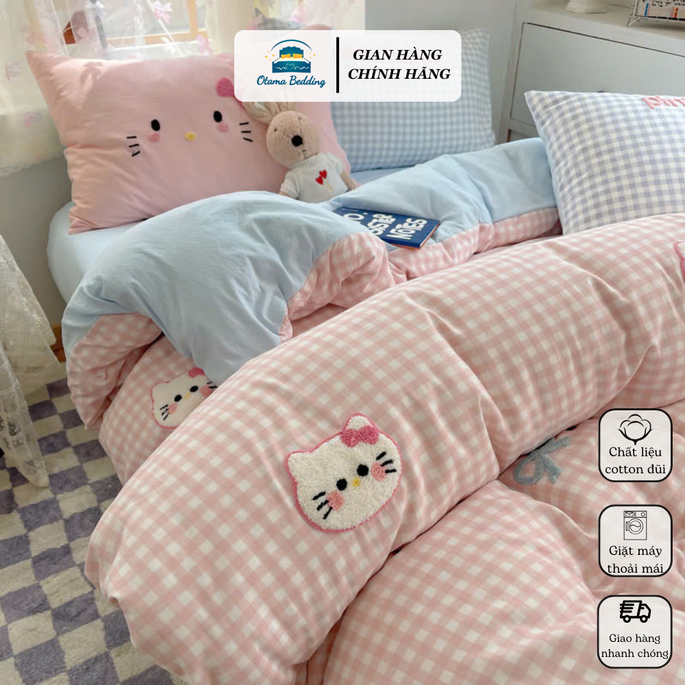 Set 4 món vỏ chăn ga gối Kitty cotton đũi cao cấp mềm mịn, thoáng khí dùng 4 mùa Otama Bedding
