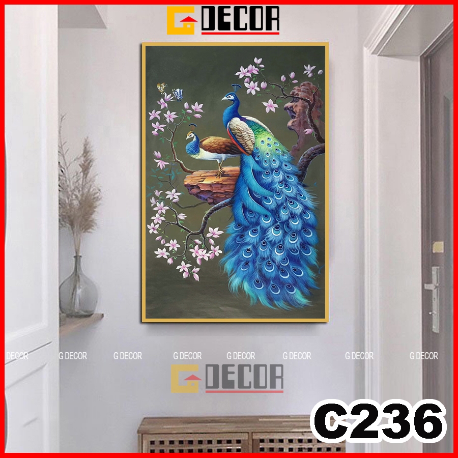 Tranh treo tường canvas 1 bức hiện đại C236, tranh chim công trang trí phòng khách, phòng ngủ, spa