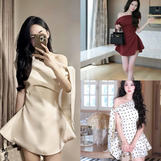 ( 4 Màu ĐỎ-ĐEN-KEM-CHẤM BI ) Đầm Váy Lệch Trễ Vai Cột Nơ Dáng Ngắn Tôn Dáng Xoè Bồng Màu Trắng Kem Đi Tiệc Sang Chảnh