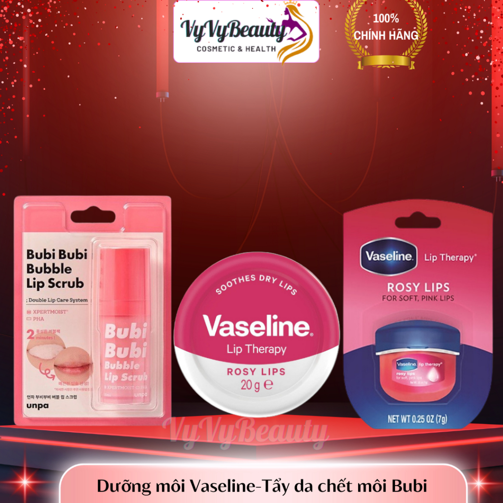 Dưỡng môi Vaseline Rosy Lips/Dry Lips Therapy- Tẩy da chết môi Bubi Unpa