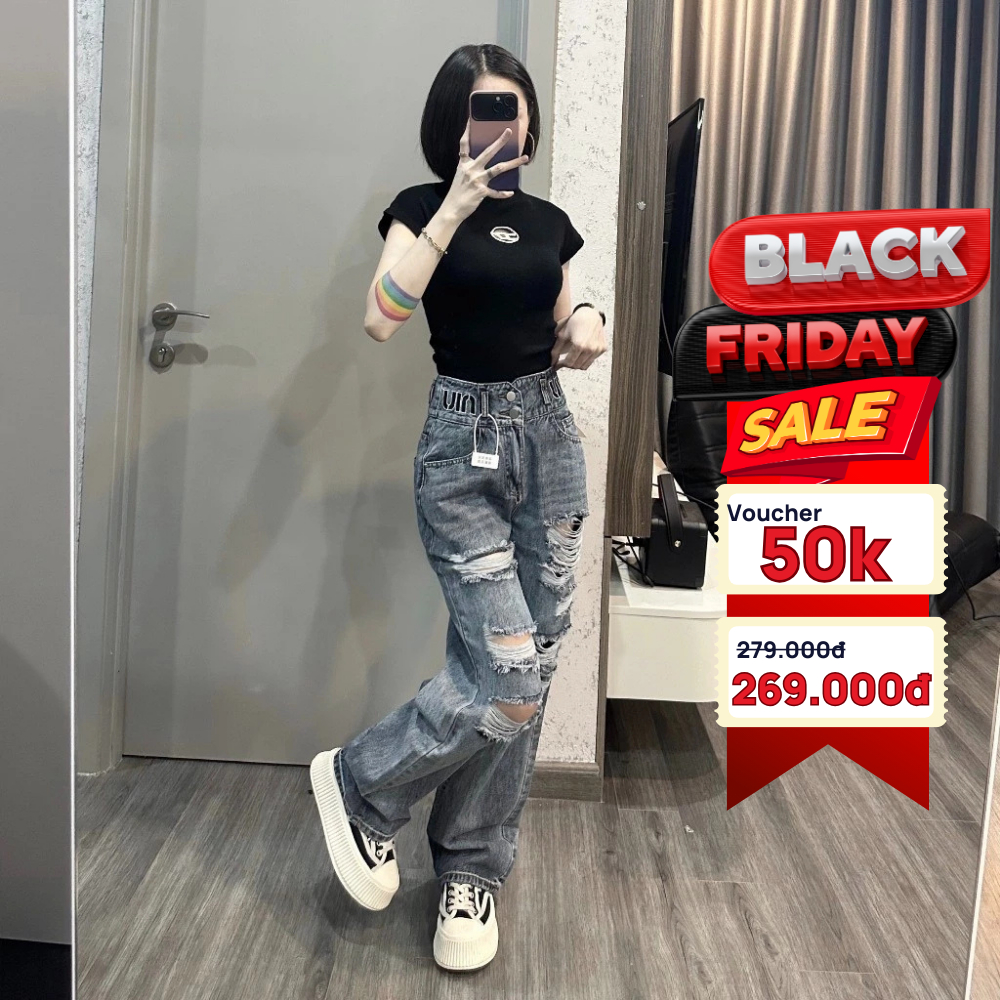 Quần bò rách ELWYN quần jean cạp cao nữ rách nhiều eo bản to hai cúc cá tính size S M L 8797