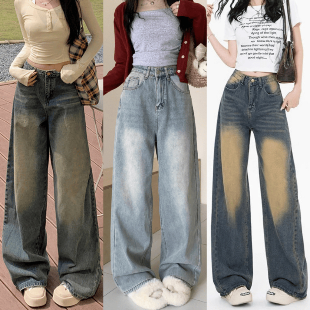 Quần Jeans Suông Ống Rộng Nữ 2 Màu WASH RETRO Lưng Cao Ôm Eo Quần Bò Nữ Mài Phong Cách Hàn Quốc MIAA