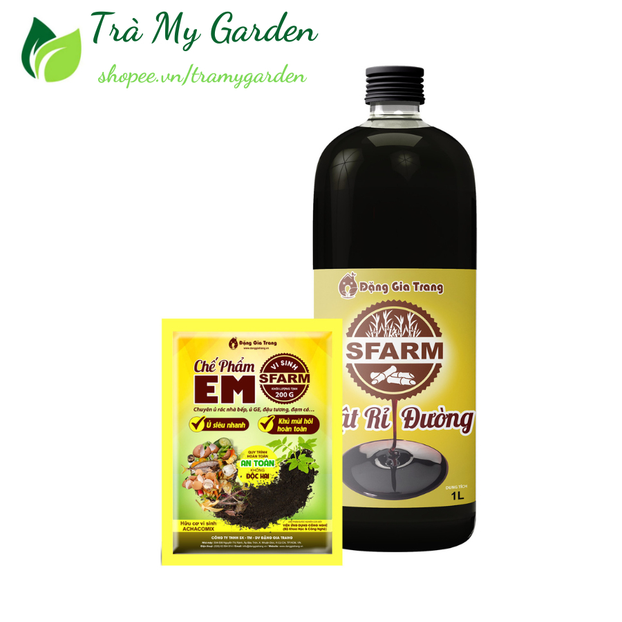 Combo ủ rác nhà bếp Sfarm, chế phẩm vi sinh EM gói 200g và mật rỉ đường Sfarm Chai 1 Lít