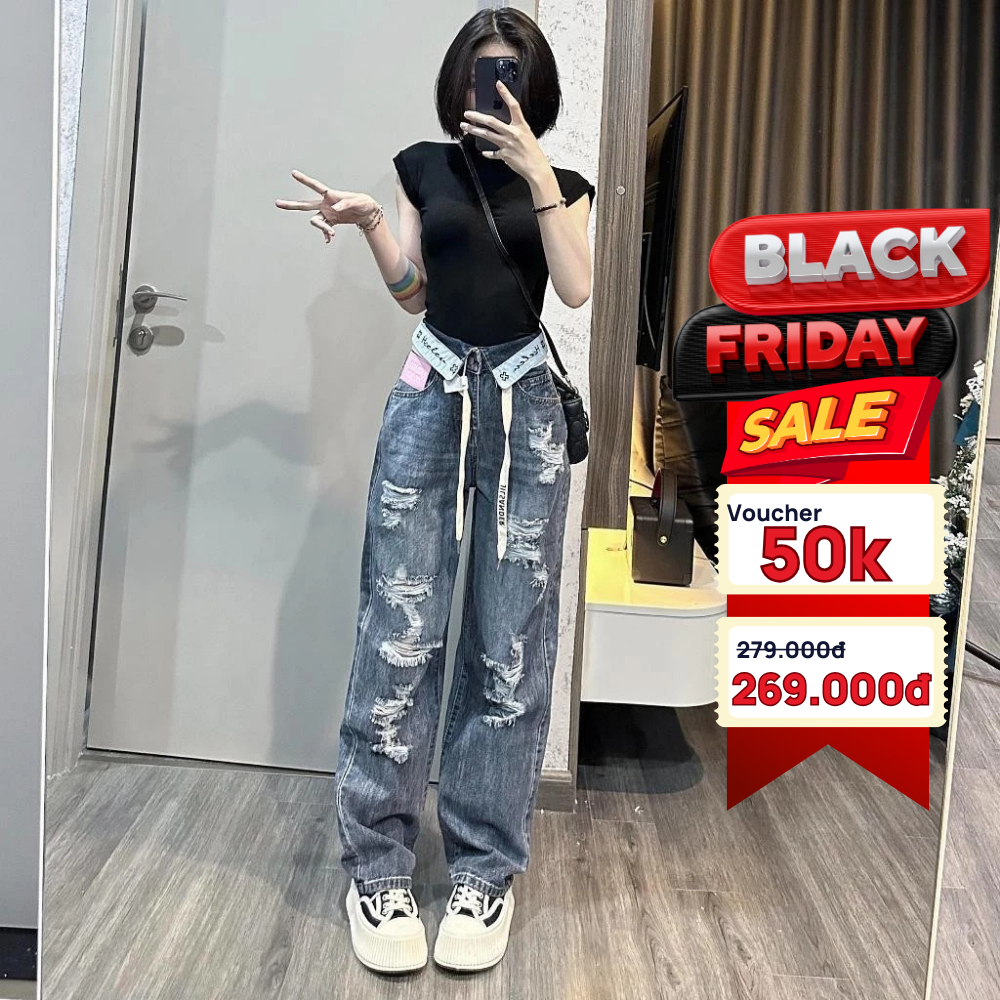 Quần jean rách ELWYN quần bò ống suông nữ cạp cao tôn dáng màu xanh size S M L 8780