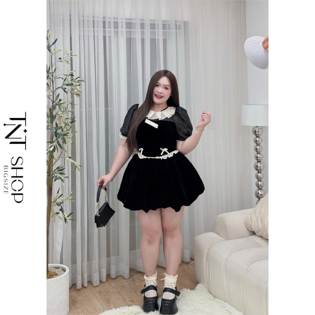 ĐẦM NHUNG 2 NƠ VIỀN TƠ [TNT SHOP BIGSIZE 60KG 90KG]
