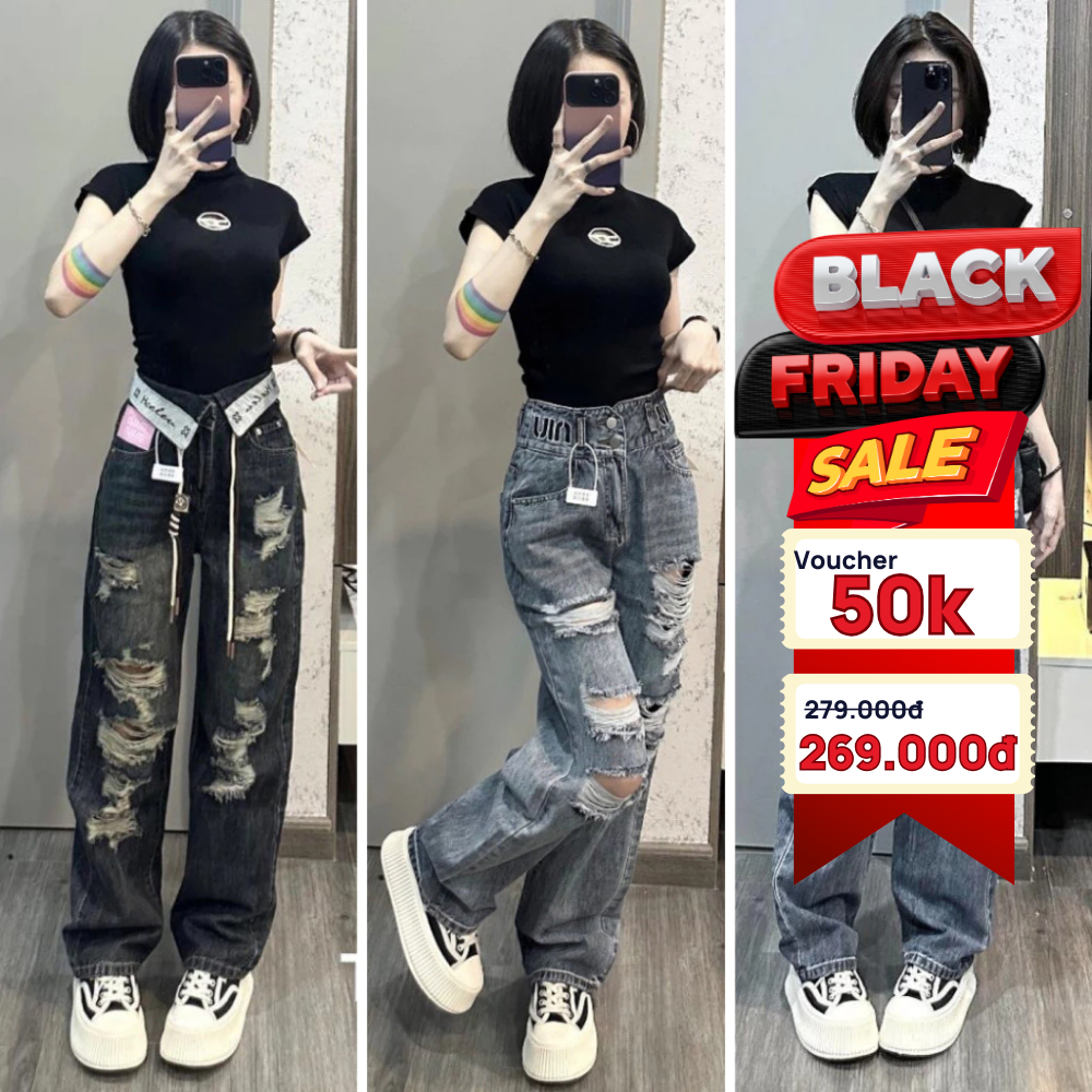 Quần jean nữ rách ELWYN quần jean ống rộng rách gối bẻ cạp cao nữ xanh đen ánh rêu size S M L SPG3
