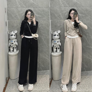 Set Bộ Đồ Nữ Tăm Nhung Áo Dài Tay Có Mũ Dây Rút Phối Cúc Cổ Xen Mix Quần Suông Ống Rộng Fresize B1V2