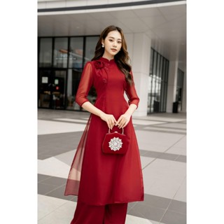 ÁO DÀI CÁCH TÂN ( VOAN TƠ CAO CẤP ) MỀM MỊN TIỂU THƯ TAY LỠ ĐÍNH KẾT HOA TẾT DÂY