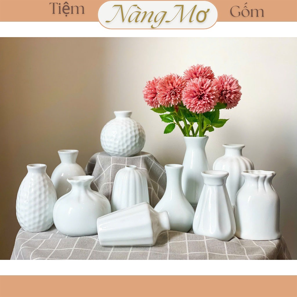  Lọ hoa mini Bình cắm hoa mini gốm sứ Bát Tràng màu trắng tinh khôi trang trí phòng khách phòng làm việc 