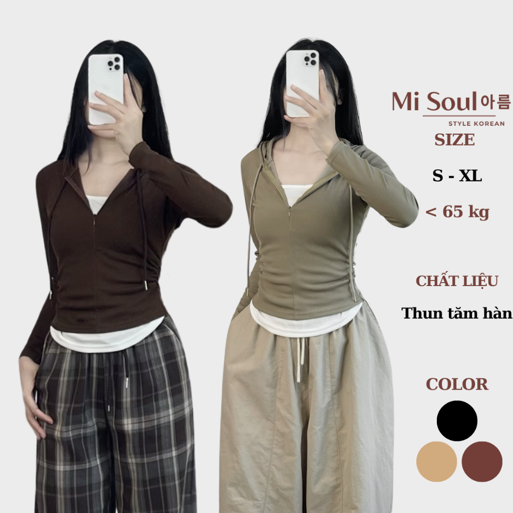 Áo Thun Tăm Dài Tay Nhún Eo Phối 2 Lớp Có Mũ Khóa Kéo Trước BigSize MiSoul, Áo Dài Tay Mix Viền Trắng 363 | BigBuy360 - bigbuy360.vn