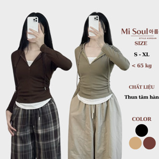 Áo Thun Tăm Dài Tay Nhún Eo Phối 2 Lớp Có Mũ Khóa Kéo Trước BigSize MiSoul, Áo Dài Tay Mix Viền Trắng 363