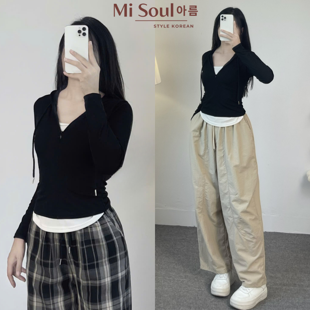 Áo Thun Tăm Dài Tay Nhún Eo Phối 2 Lớp Có Mũ Khóa Kéo Trước BigSize MiSoul, Áo Dài Tay Mix Viền Trắng 363 | BigBuy360 - bigbuy360.vn