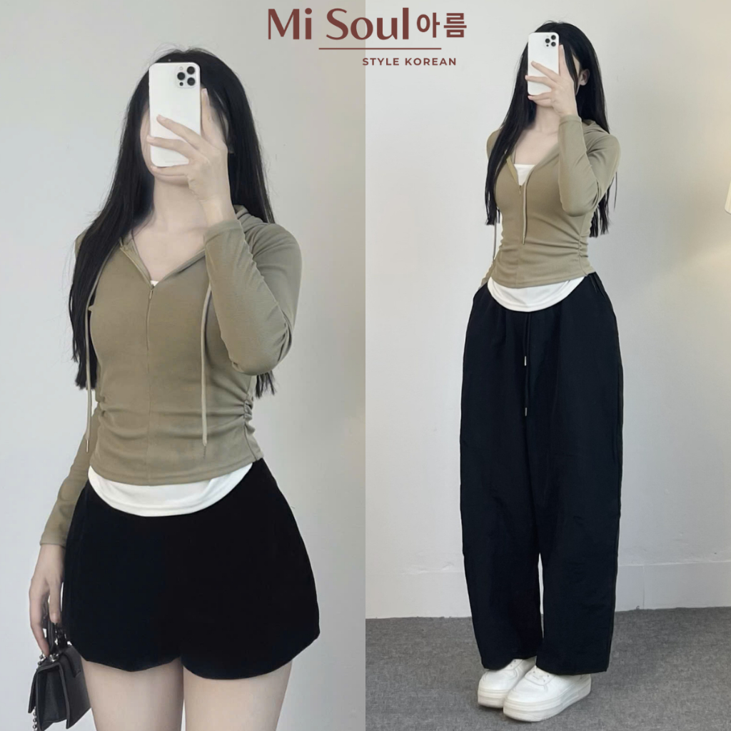 Áo Thun Tăm Dài Tay Nhún Eo Phối 2 Lớp Có Mũ Khóa Kéo Trước BigSize MiSoul, Áo Dài Tay Mix Viền Trắng 363 | BigBuy360 - bigbuy360.vn