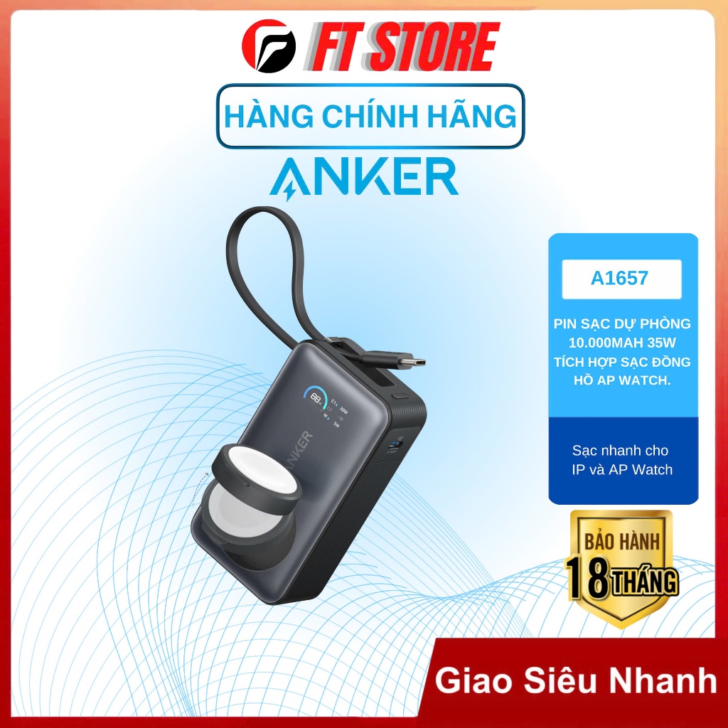 Pin sạc dự phòng Anker Nano A1657 kiêm Sạc không dây A2ple-Watch 10.000mAh 35W 1C Tích hợp sẵn cáp U