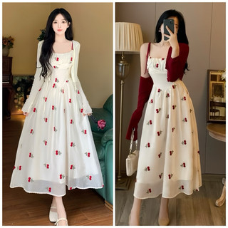 Đầm xòe voan hoa dập ly kèm áo khoác siêu xinh