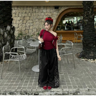 [ BÈO BÉO BIGSIZE ] SET ÁO THUN LỆCH VAI CỘT NƠ REN PHỐI QUẦN SUÔNG ỐNG RỘNG VIỀN REN FORM BIGSIZE 60-90KG