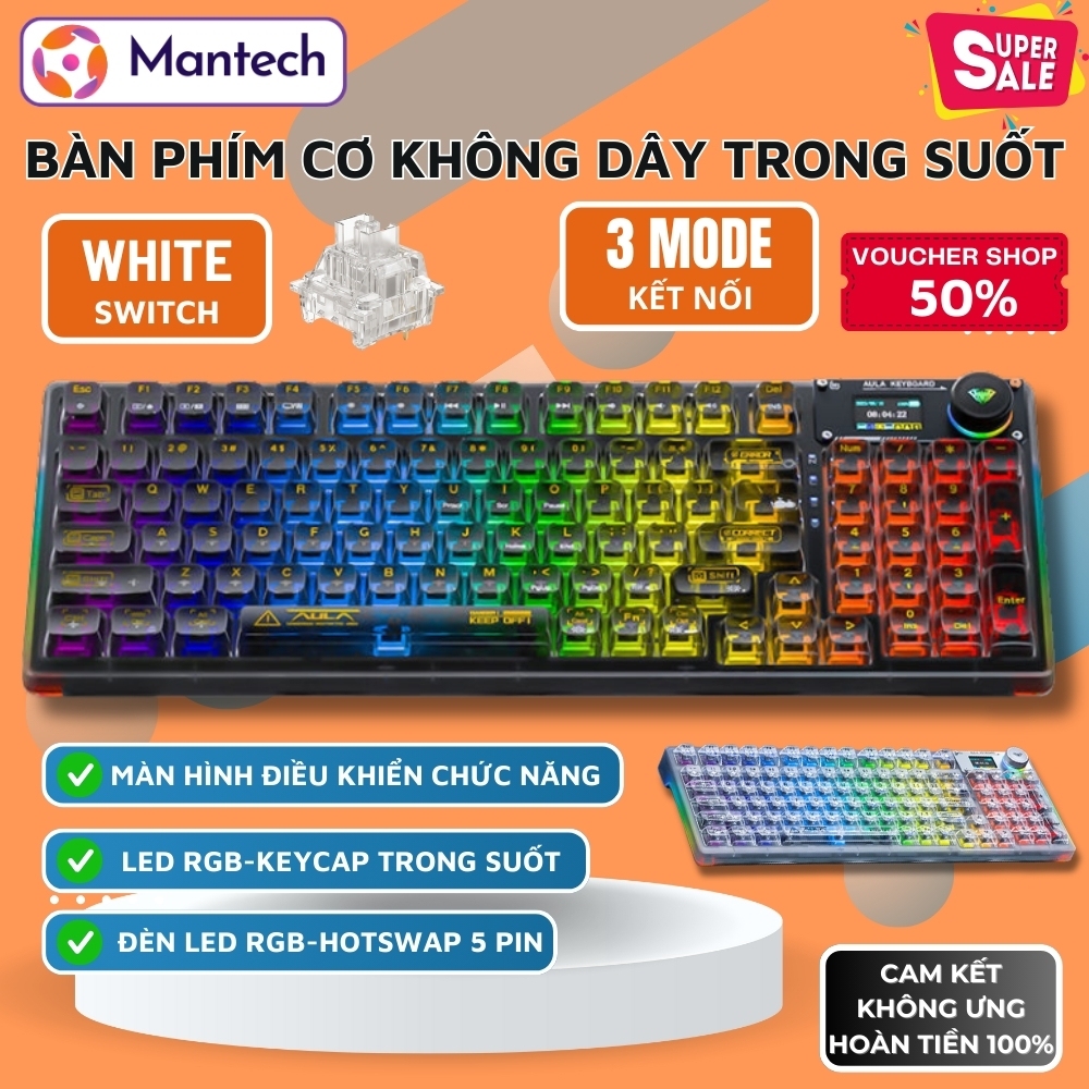 Bàn Phím Cơ Không Dây Aula F98 Pro Thiết Kế Trong Suốt Màn Hình Điều Khiển Chức Năng 3 Mode Kết Nối