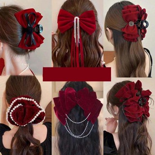 Kẹp tóc nơ đỏ chất vải nhung dày dặn, kẹp cứng cáp nơ bản to phụ kiện tóc noel