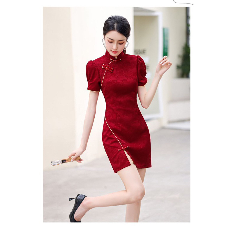 đầm sườn xám cách tân tay nhúng màu đỏ sườn xám thượng hải