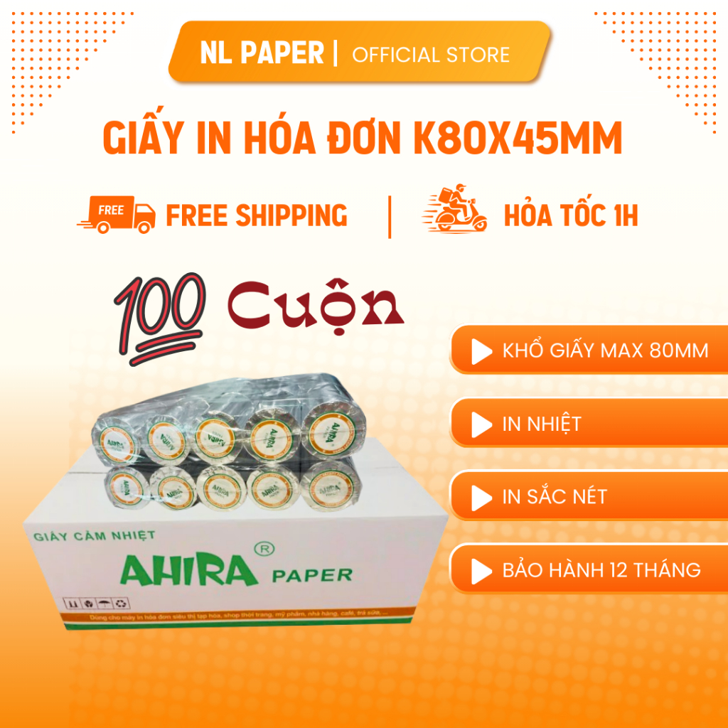 Thùng 100 Cuộn Giấy In Hoá Đơn K80x45 Chất Lượng Cao, Chính Hãng, Đủ Mét, Lõi Nhỏ. - NL PAPER