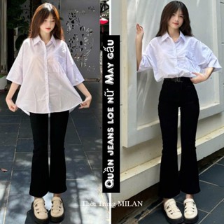  Quần Jean Đi Học Ống Loe dài 95cm vải bò giấy co giãn màu Đen trơn - Quần bò ống loe đi học lưng cao tua gấu rách 