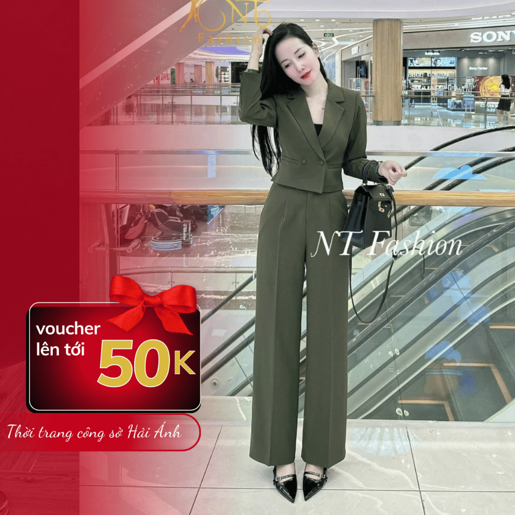 Set đồ nữ công sở Áo Vest Blazer nữ dáng ngắn crotop phối Quần âu dáng suông chất vải cao cấp - HA97