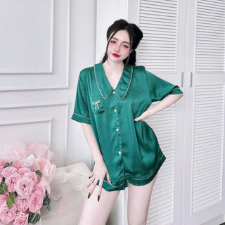Đồ bộ ngủ đùi lụa, latin bigsize mặc nhà cho chị em 50-110kg đính nơ dễ thương chất lụa mềm mát