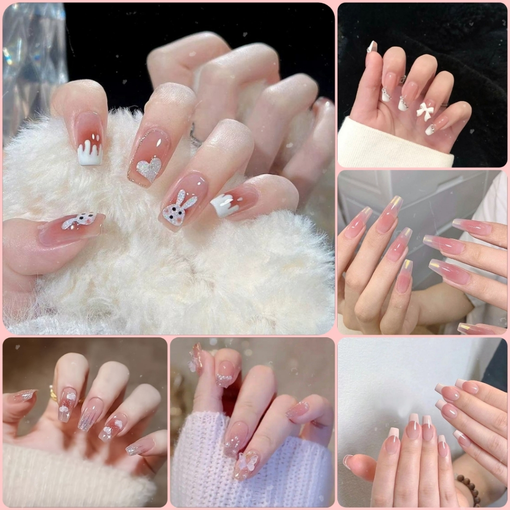  Nail box 24 móng tay giả nail box phong cách Hàn Quốc tặng kèm keo dán móng móng tay giả mẫu ngắn nail box móng dài 