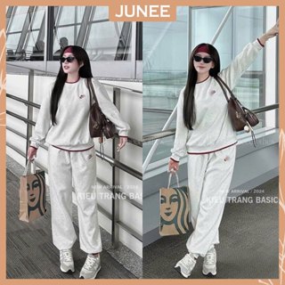 Set Bộ Đồ Nữ NiK3 Áo Sweater Trơn Bo Chun Dệt Kẻ Viền Đỏ Phối Logo Thêu Mix Quần Dài Bo Ống Freesize