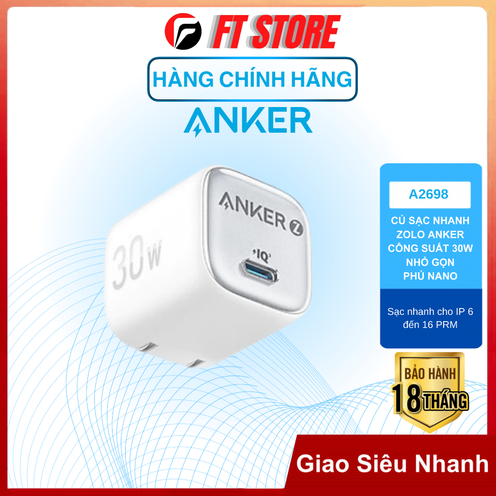 Củ sạc nhanh Anker Zolo 30W 1 cổng USB-C hỗ trợ PD QC 3.0 A2698 hỗ trợ iP Android - Chính hãng